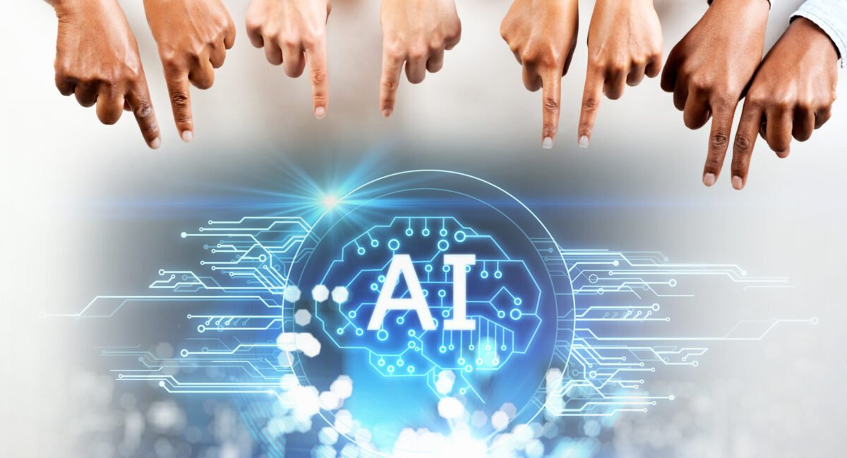 people hand pointing AI technology digital graphic design black background, AI machine learning hands of robot science and artificial intelligence technology innovation and futuristic